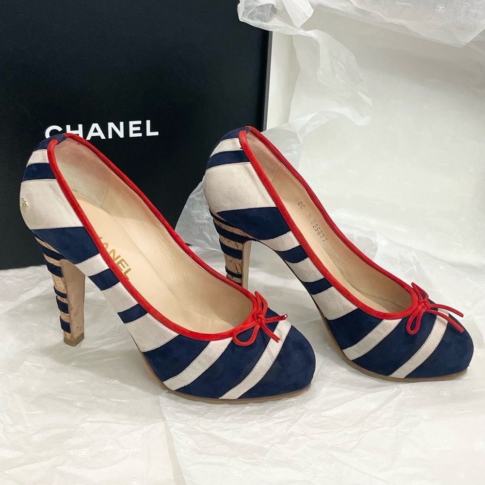 CHANEL Multicolor Suede CC Stripes Cork Heel Pumps EU 41 US 10